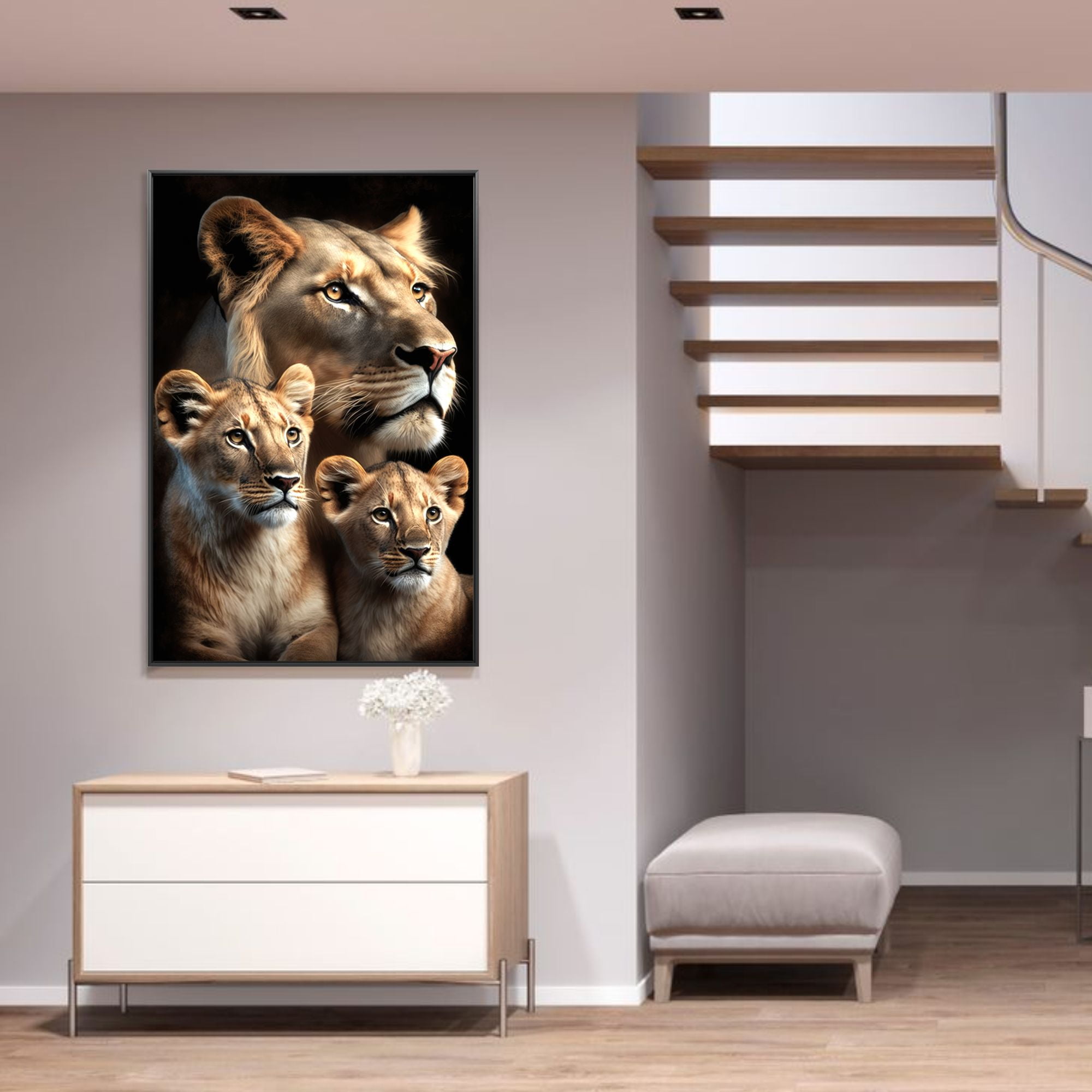 Quadro decorativo Leoa com dois filhotes imagem vertival