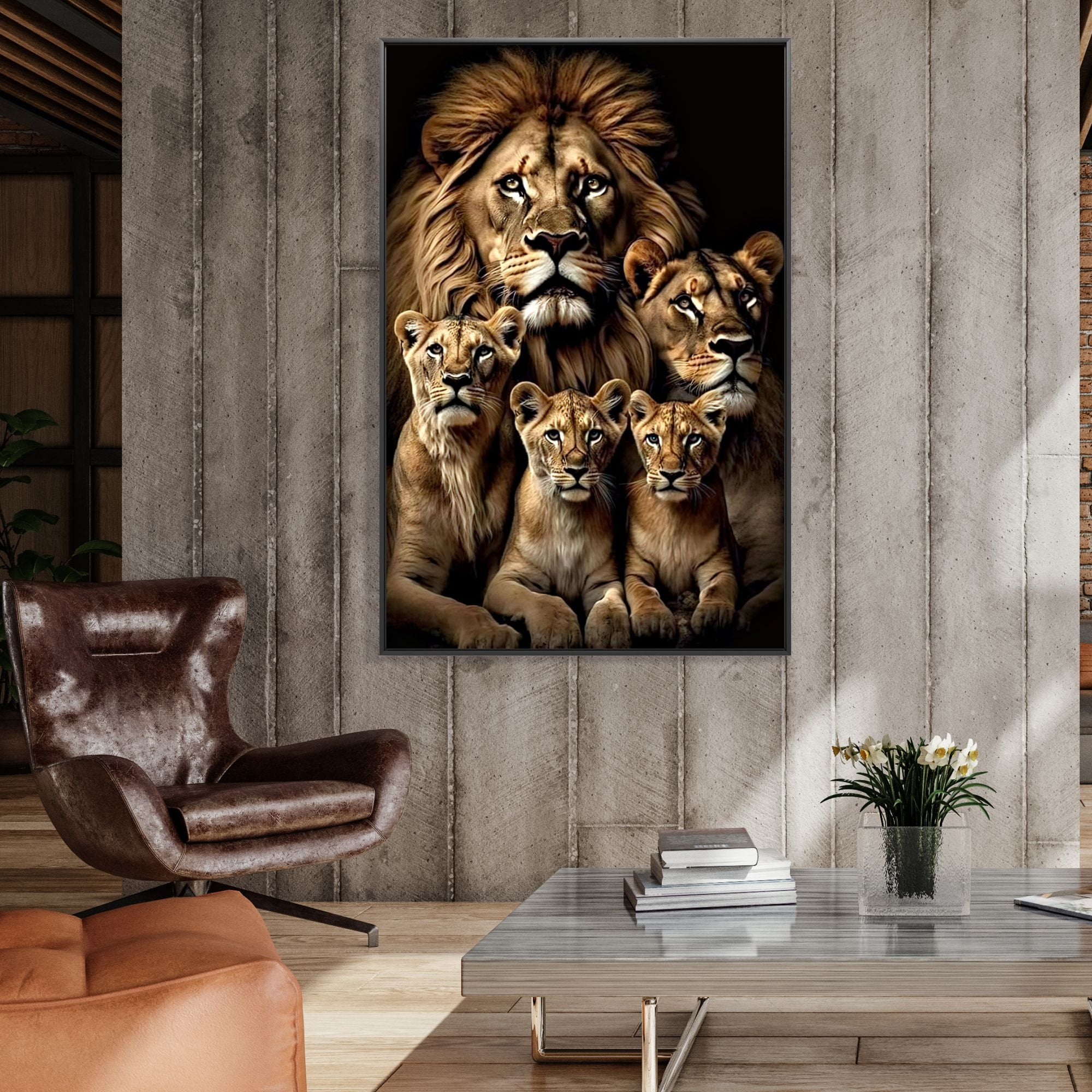 Quadro  decorativo família de leão 3 filhotes
