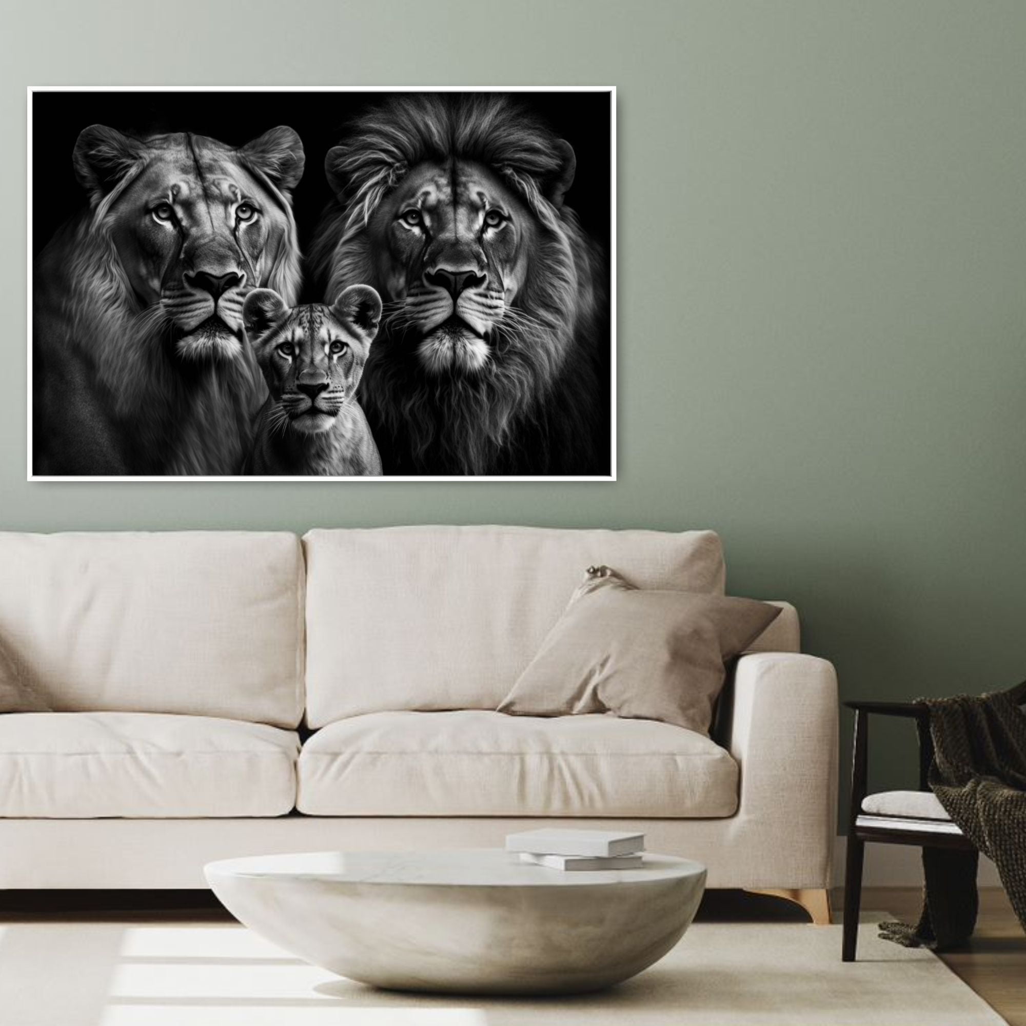 Quadro  decorativo família de leão 1 filhotes horizontal  PRETO E BRANCO