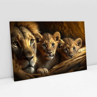 Quadro decorativo leoa e dois filhotes 