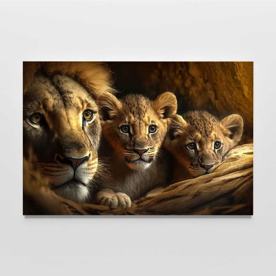 Quadro decorativo leoa e dois filhotes 