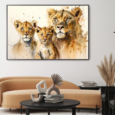 quadro decorativo Leoa e dois filhotes efeito pintura