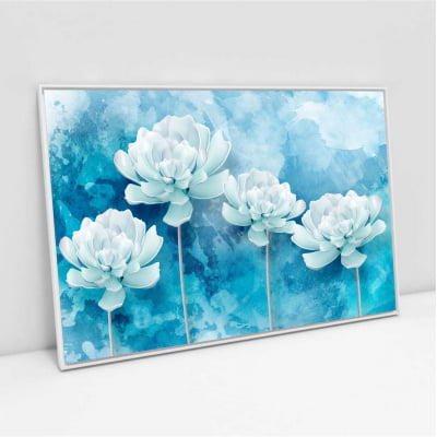 Quadro Decorativo em canvas flores brancas com fundo azul
