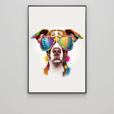 Quadro decorativo cachorro colorido de oculos