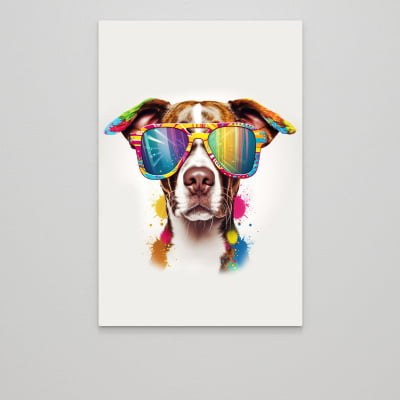Quadro decorativo cachorro colorido de oculos