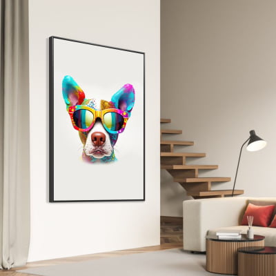 Quadro decorativo cachorro colorido de oculos aquerela 