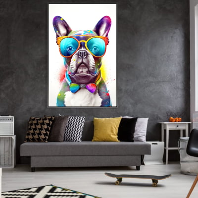 Quadro decorativo desenho de um bulldog francês usando óculos