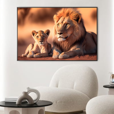 Quadro decorativo leão com filhote olhar fixo 