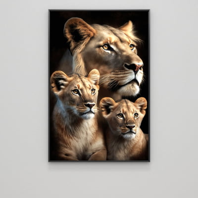 Quadro decorativo Leoa com dois filhotes imagem vertival