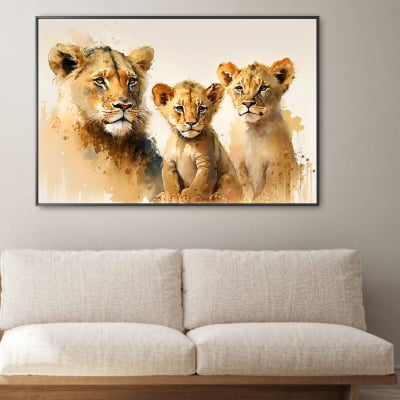 Quadro decorativo família leão  aquarela