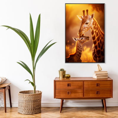 Quadro girafa mae e filho aquarela 