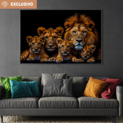 Quadro familia de leão com três filhotes  