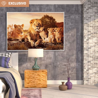 Quadro decorativo Família Leão com três filhotes 