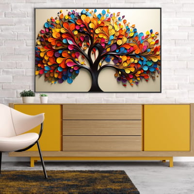 Quadro decorativo arvore e suas folhas coloridas 3d