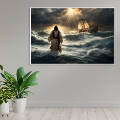 quadro decorativo Jesus  caminhando  sobre água