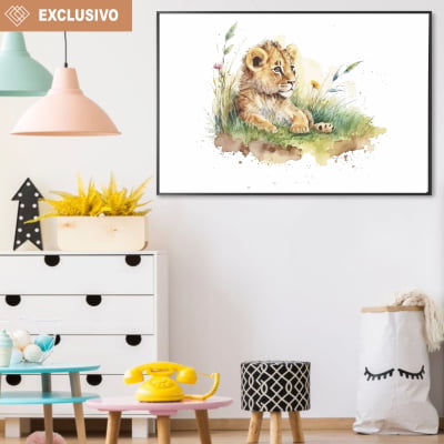 Quadro decorativo filhote Leao em aquarela 