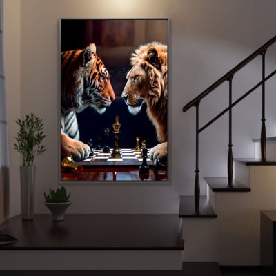 Quadro  decorativo disputa xadrez  entre leao e tigre