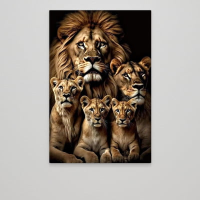 Quadro  decorativo família de leão 3 filhotes