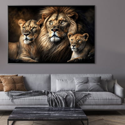 Quadro  decorativo família de leão 1 filhote horizontal