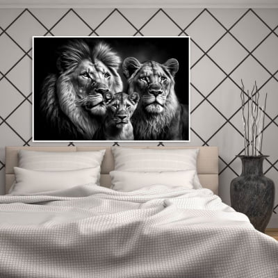 Quadro  decorativo família de leão 1 filhote horizontal preto e branco