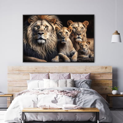 Quadro  decorativo família de leão 2 filhotes horizontal 