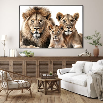 Quadro  decorativo família de leão 1 filhote fundo branco