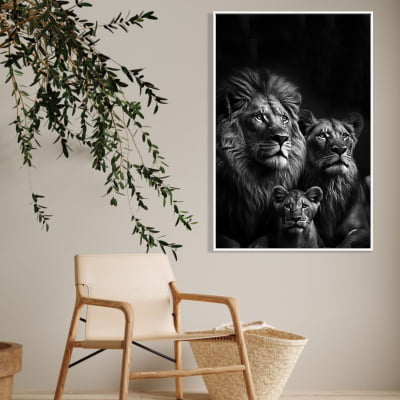 Quadro  decorativo família de leão 1 filhote preto e branco