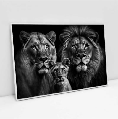 Quadro  decorativo família de leão 1 filhotes horizontal  PRETO E BRANCO
