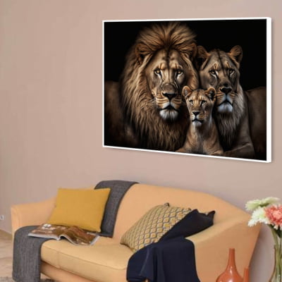 Quadro  família de leão 1 filhotes horizontal  