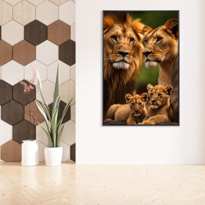 Quadro  decorativo família de leão 2 filhotes 