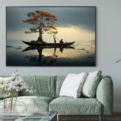 quadro decorativo pescador  no lago