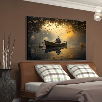 quadro decorativo pescador  e passaros