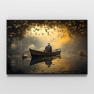 quadro decorativo pescador  e passaros