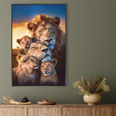 quadro decorativo exclusivo família de leão com três filhotes 