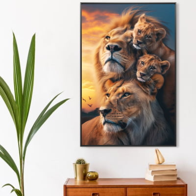 quadro decorativo exclusivo família de leão com dois filhotes 