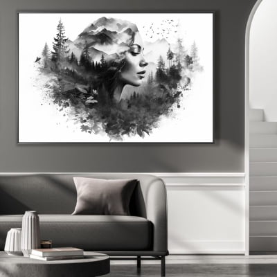 quadro  mulher abstrata entre natureza preto e branco 